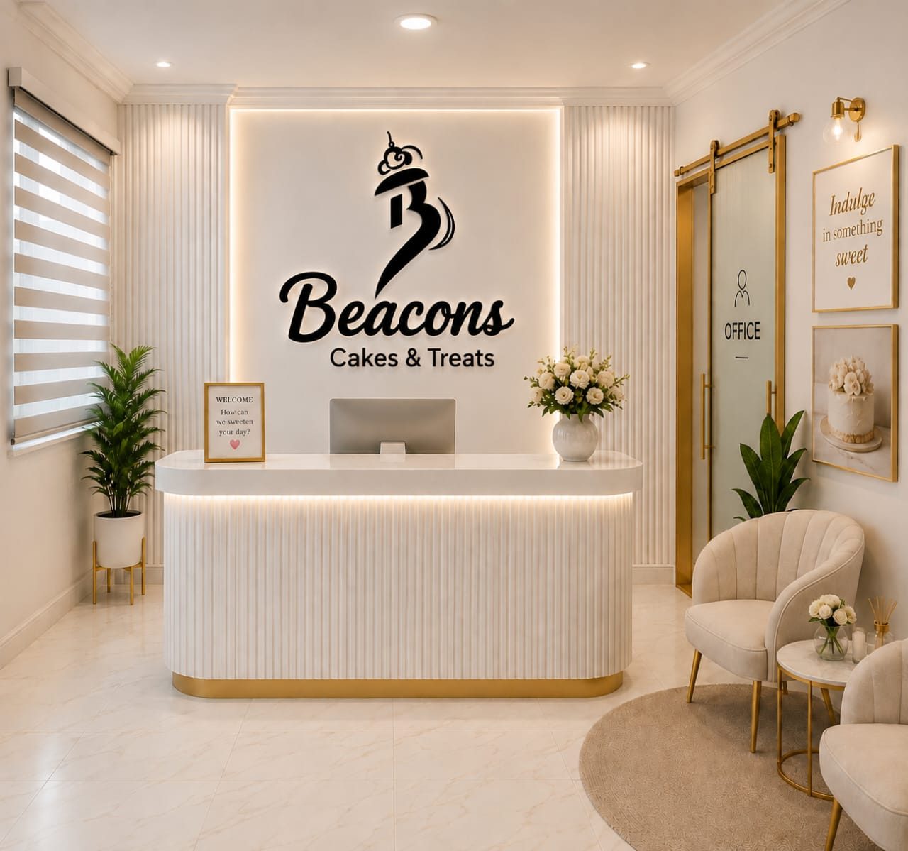 The Beacons Cakes & Treats reception: an ivory fluted counter with gold trim beneath the Beacons logo, with armchairs and fresh flowers
